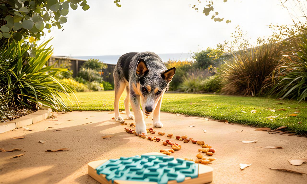 A kelpie sniffing a trail of treats beside a puzzle toy in a sunny Mornington Peninsula garden