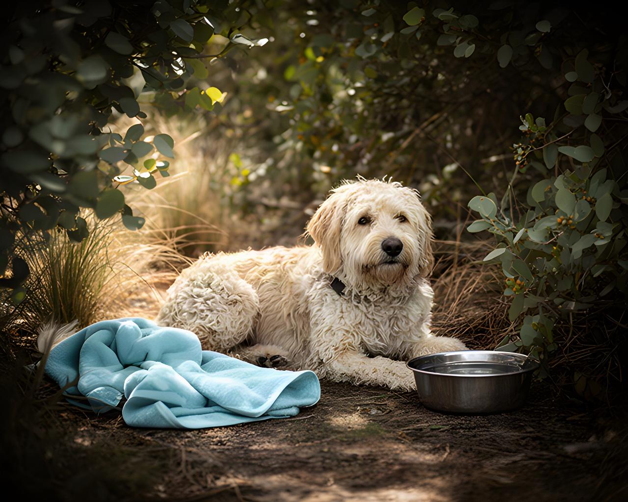 A towel-dried dog resting in the shade after a breezy coastal walk, with a water bowl nearby