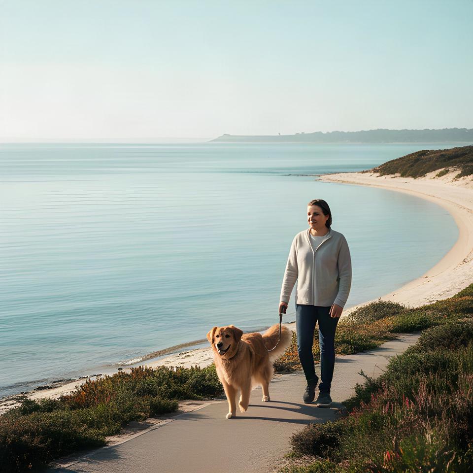 A dog and owner walking beside the calm waters of the Mornington Peninsula coastline