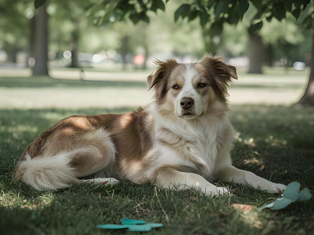 A relaxed dog rests on grass in the shade after a gentle enrichment session