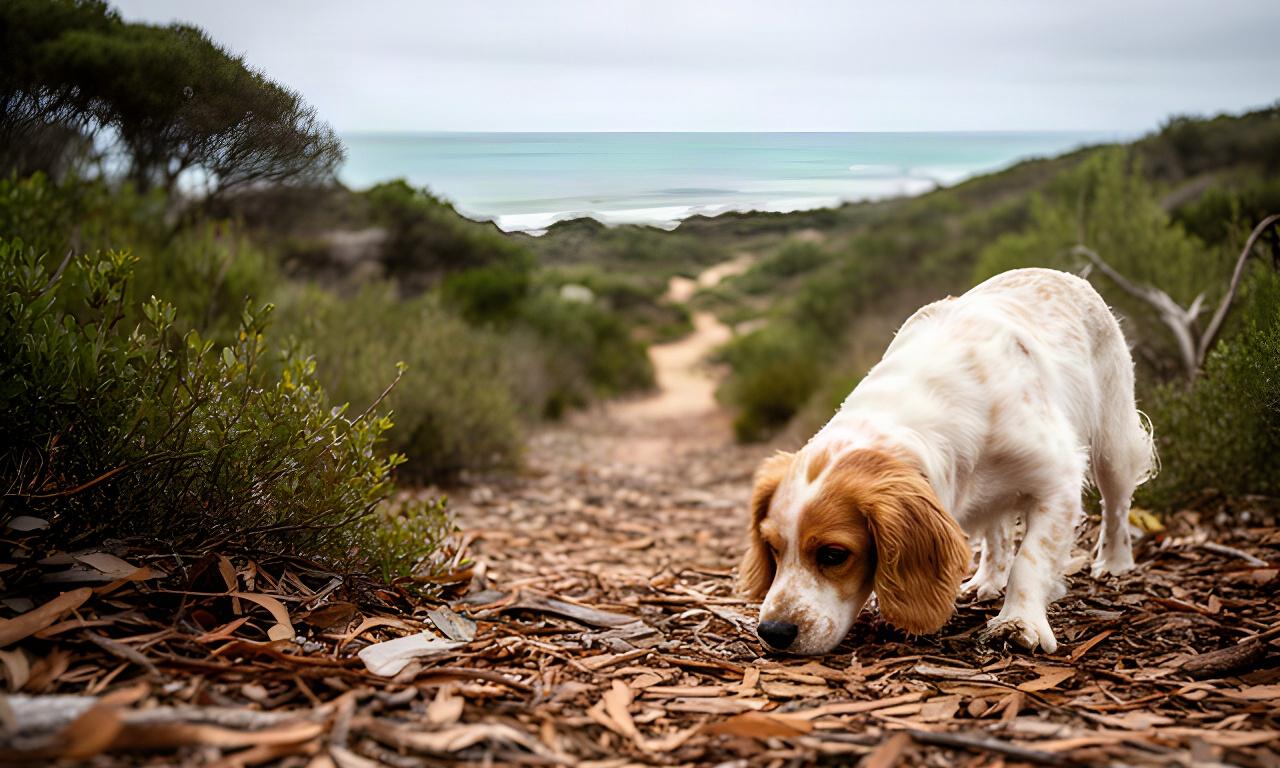 A spaniel carefully sniffing through leaf litter on a quiet coastal reserve track