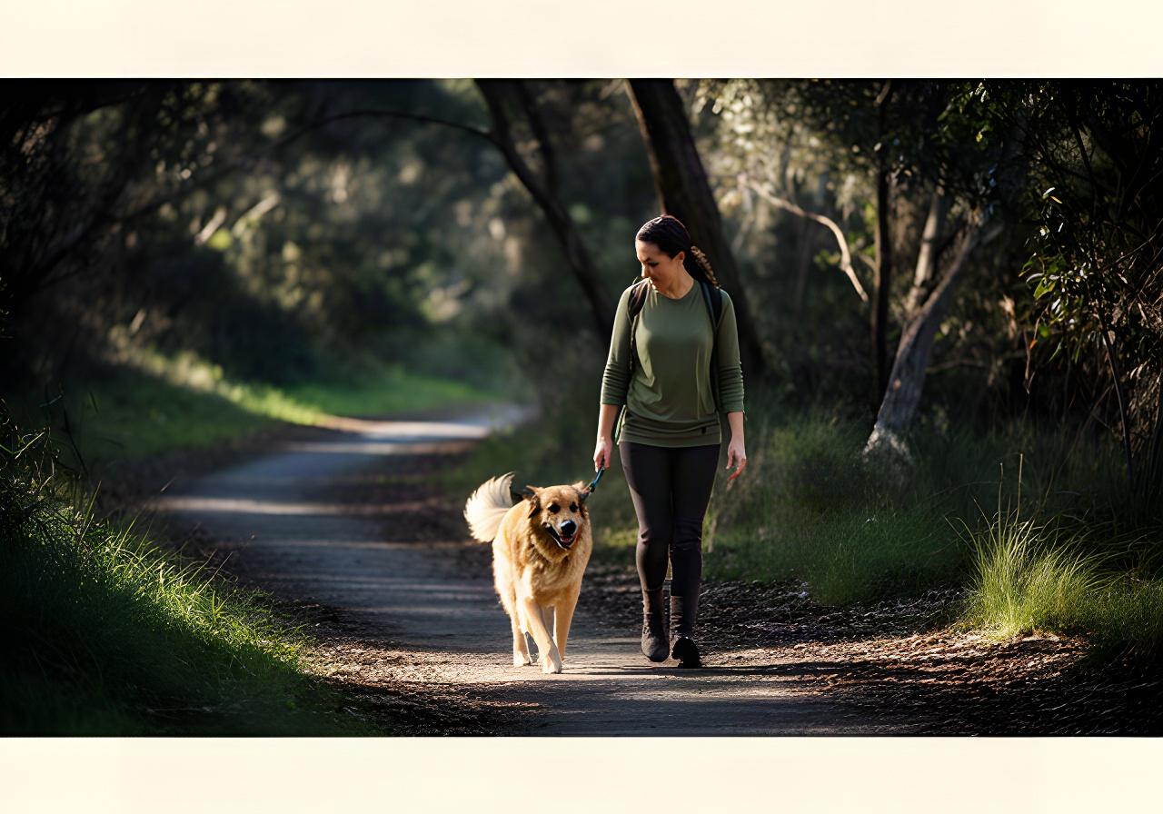 A dog walking beside its handler on a shaded Peninsula trail during a weekday activity session