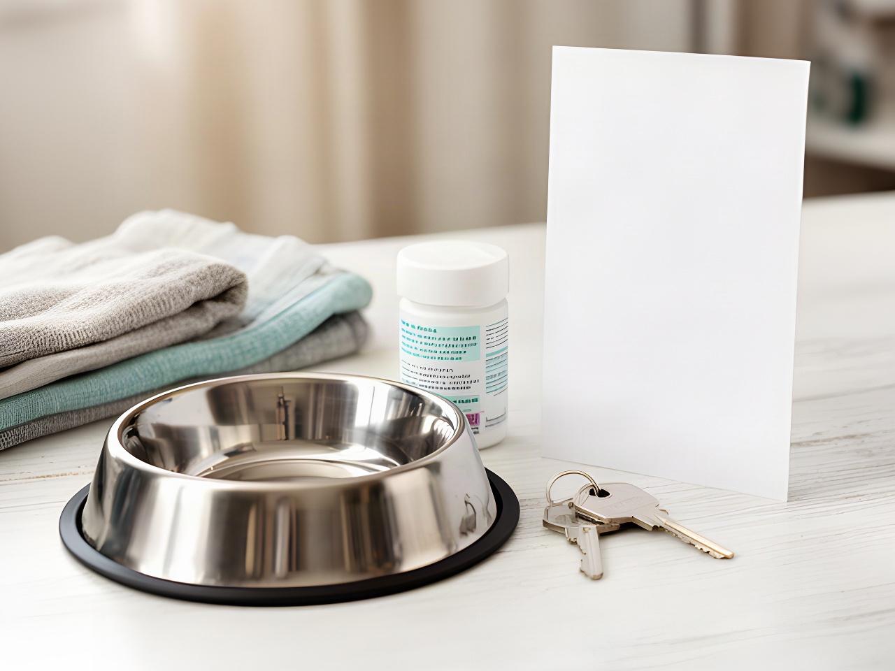 A neatly prepared pet-care note and food bowl on a table in a calm home