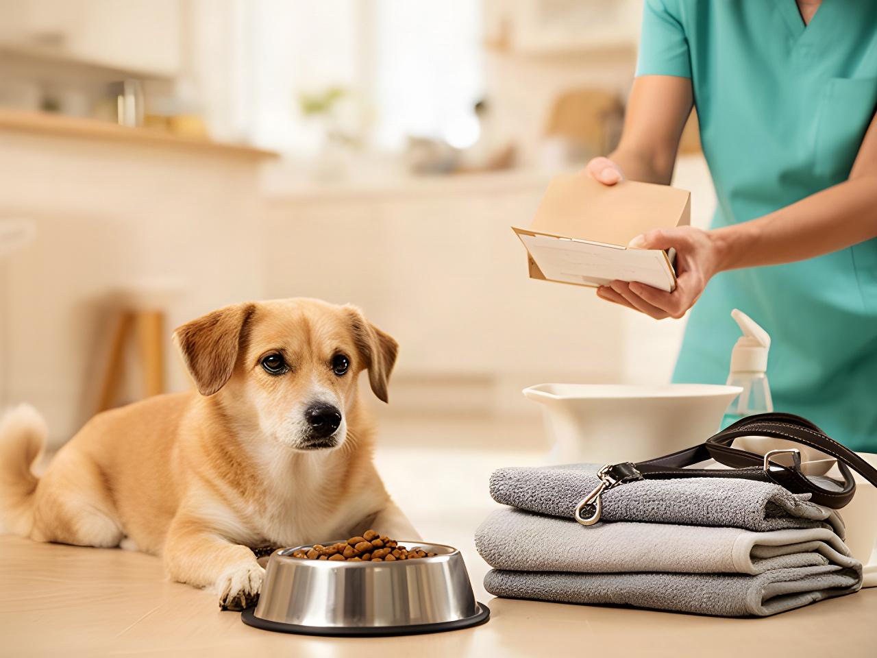 A dog waiting calmly beside its food bowl while a caregiver prepares a home visit