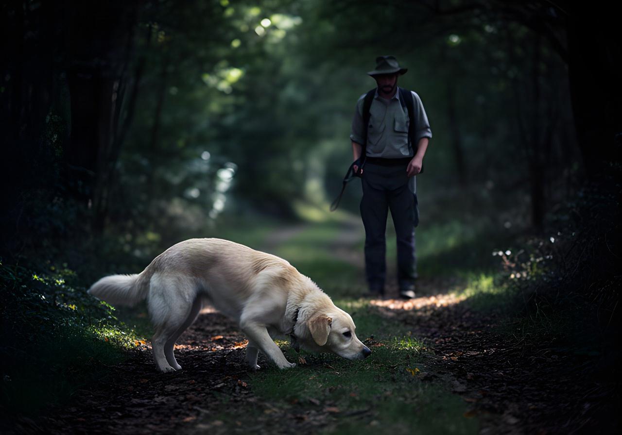 A dog pauses to sniff a quiet shaded track while a handler gives it space