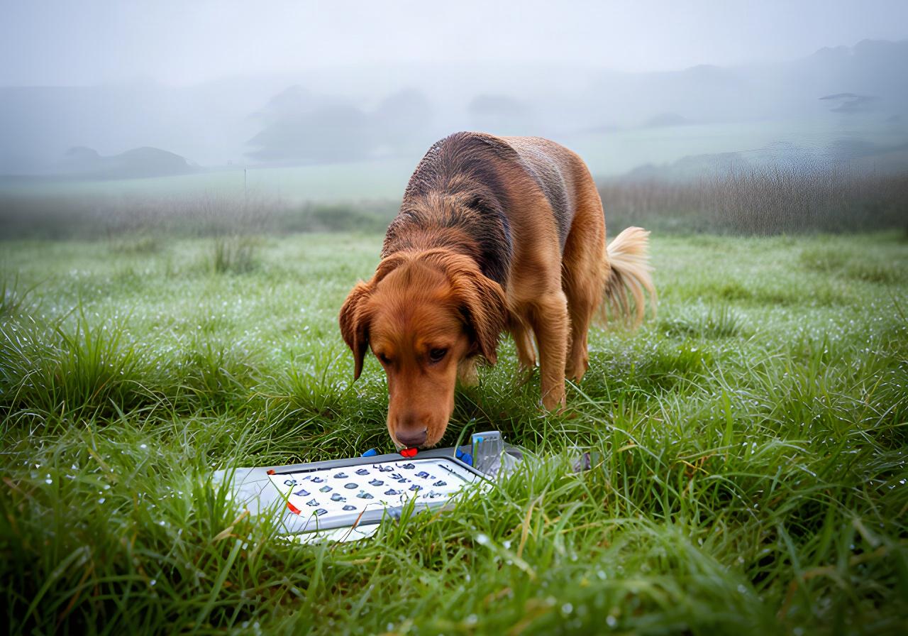 A kelpie cross searching a scent puzzle in damp grass during a quiet Mornington Peninsula morning