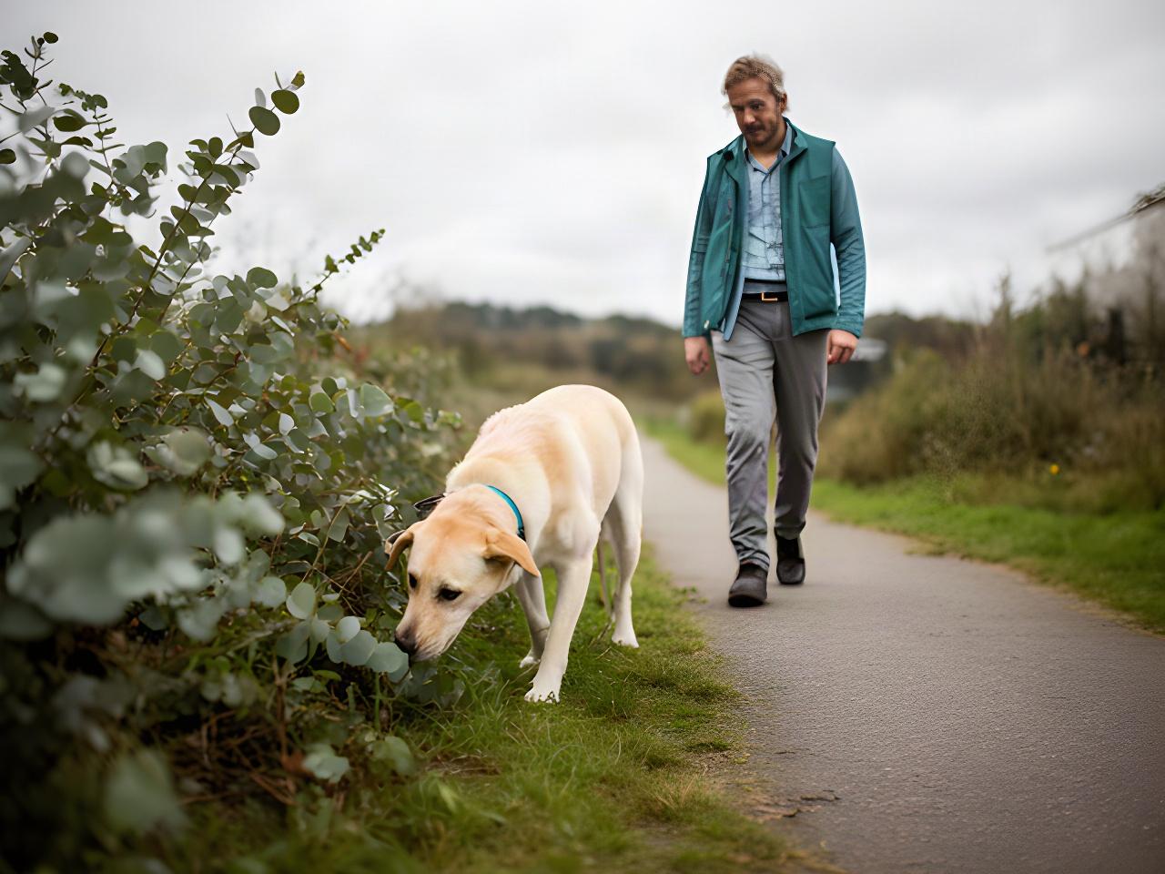 A single dog calmly sniffing with its handler on a quiet path away from other dogs