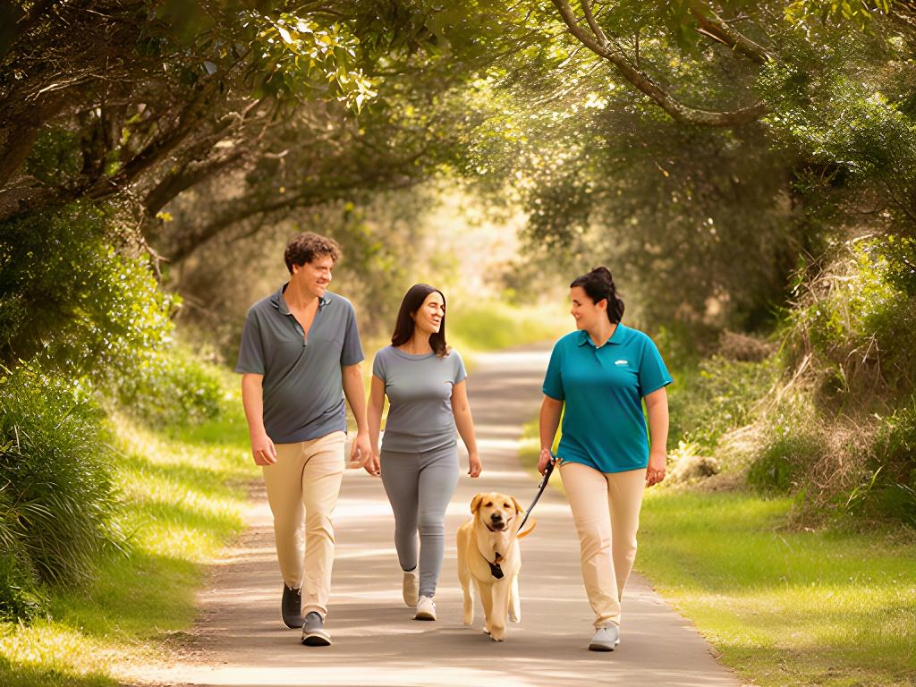 A family walks with their dog along a shaded Mornington Peninsula path
