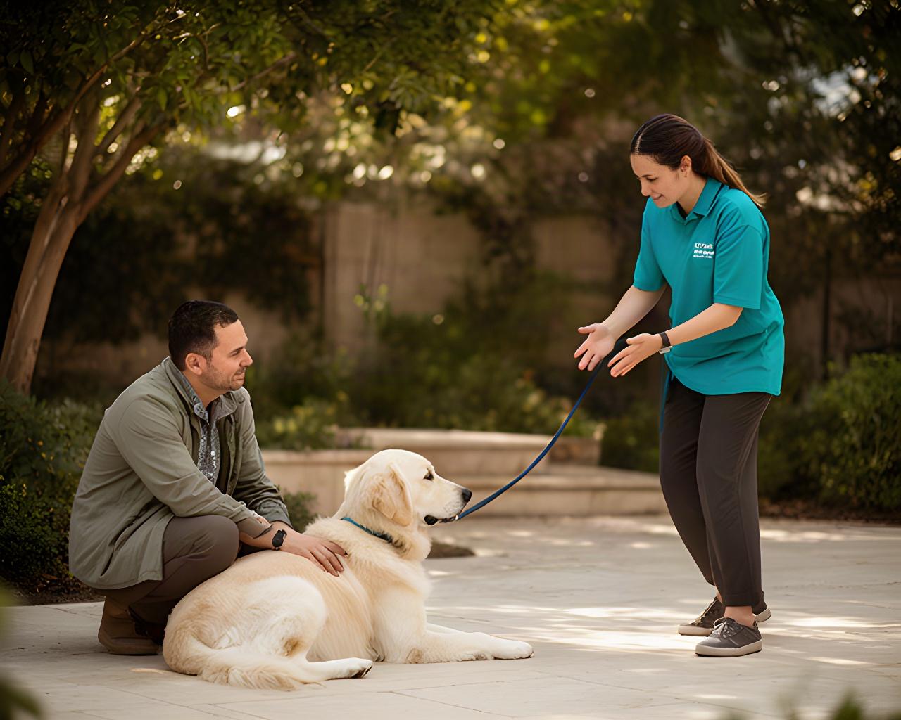 A calm dog rests beside its handler while the activity provider gives it space and avoids reaching toward it