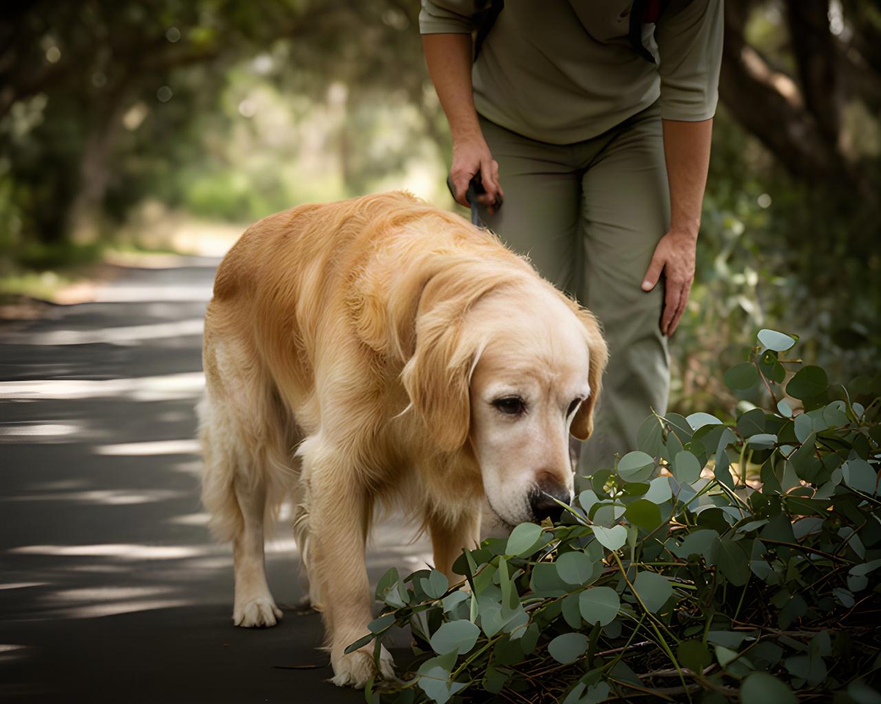 An older golden retriever pauses to sniff beside a handler on a flat, shaded walking track