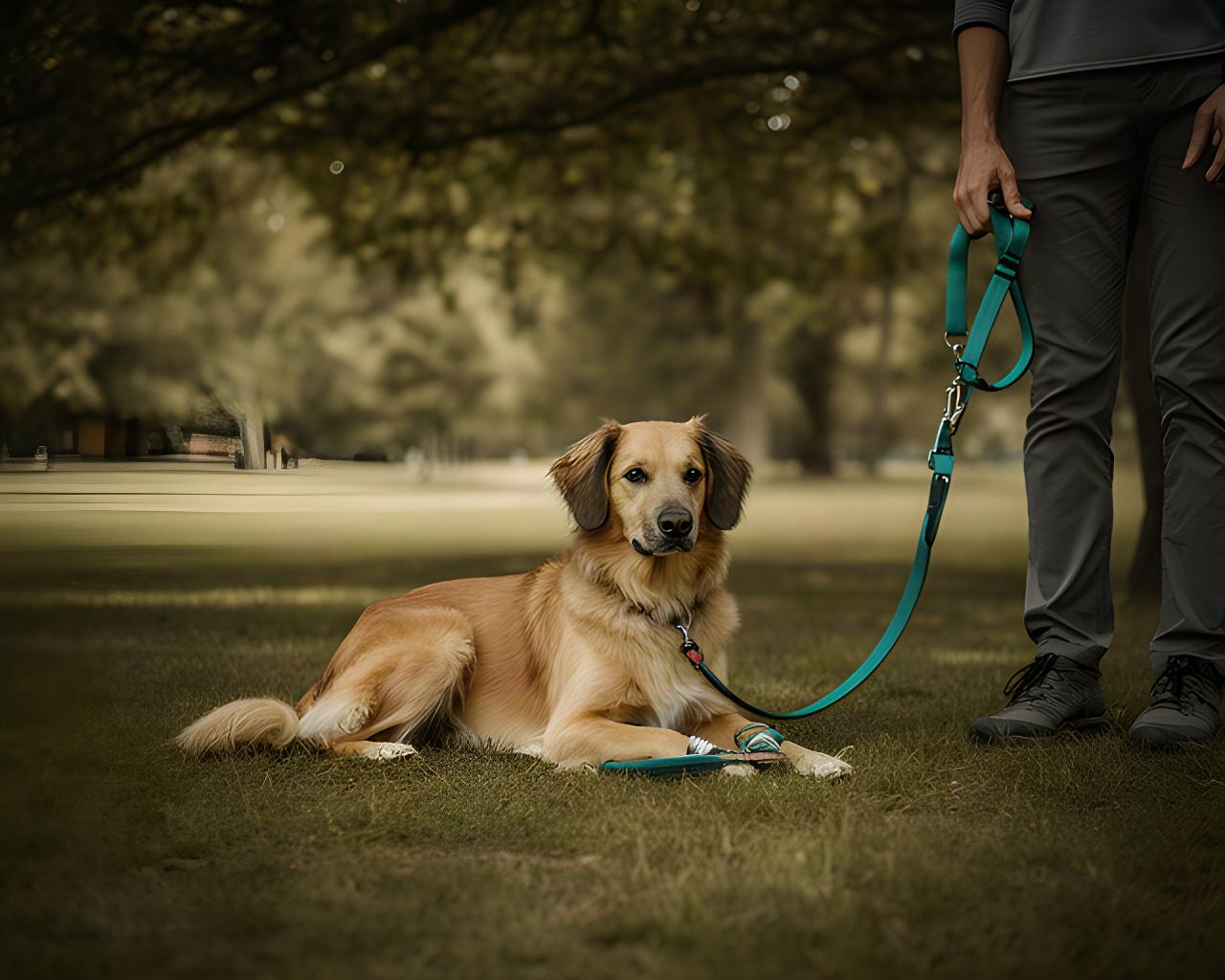 A dog rests on a lead beside its owner at a quiet shaded reserve after a gentle enrichment activity