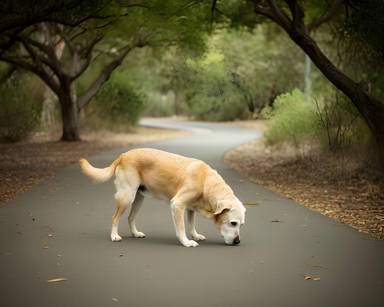 A senior dog pauses to sniff on an even, shaded path during a gentle movement session